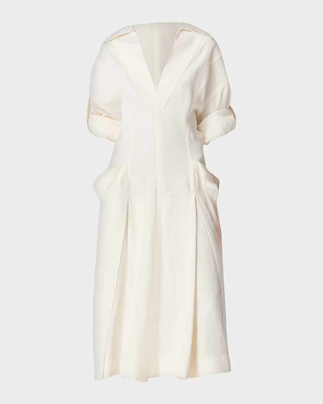 Fit-and-Flare Grainy Midi Dress with Frog Embellishments